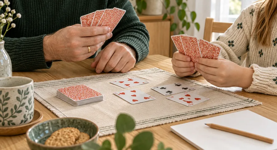 En vuxen och ett barn spelar kort tillsammans vid ett bord