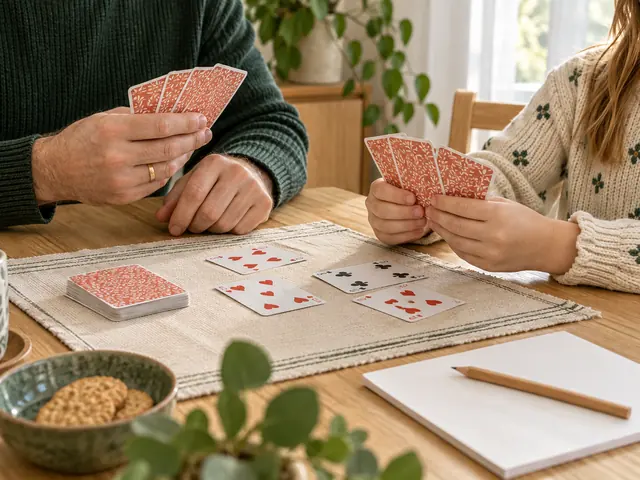 Ett barn håller upp spelkort vid ett bord