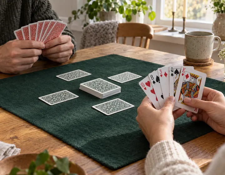 Två personer spelar kort vid ett bord med grön filt