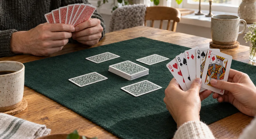 Två personer spelar kort vid ett bord med grön filt