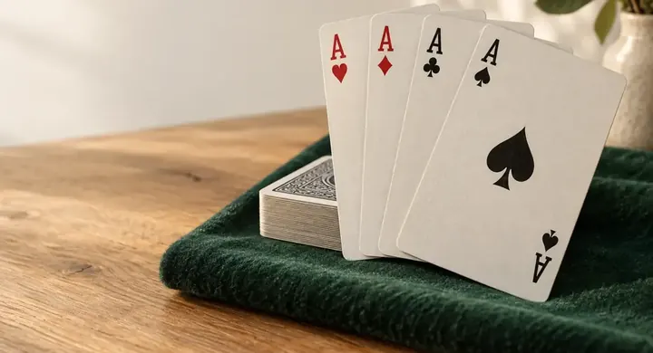 Gratis kortspel online: en kortlek och fyra ess på grön filt