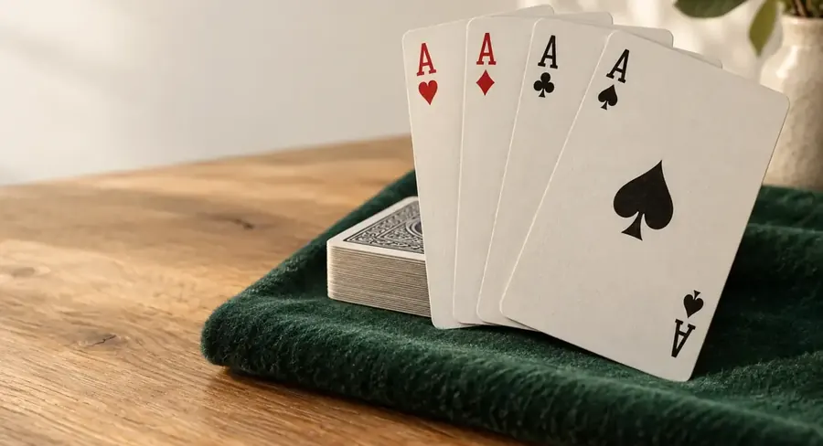 Gratis kortspel online: en kortlek och fyra ess på grön filt